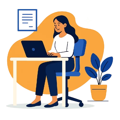 Illustration Infobema : bureau, chaise, personnage complet